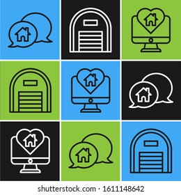 Set line House building in speech bubble, Monitor with house in heart shape and Warehouse icon. Vector