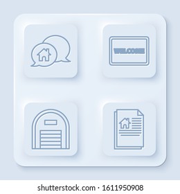 Set line House building in speech bubble, Doormat with the text Welcome, Warehouse and House contract. White square button. Vector