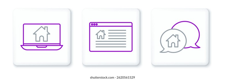 Establezca el edificio de la casa en la burbuja del discurso, el ordenador portátil y el hogar elegante y el signo colgante con el icono de la venta en línea del texto. Vector