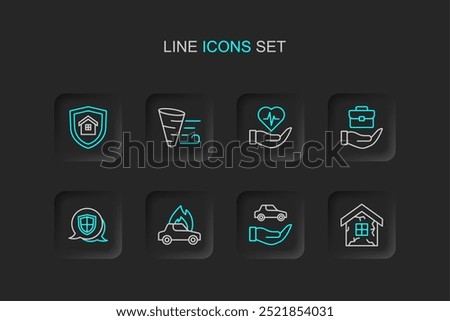 Set line House, Car insurance, Burning car, Shield, Hand holding briefcase, Life hand, Tornado and with shield icon. Vector