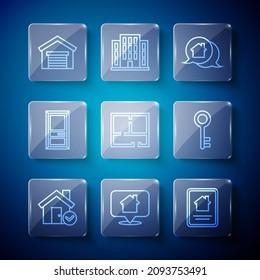 Set line House with check mark, Location house, Online real estate, Real message, plan, Closed door, Garage and key icon. Vector