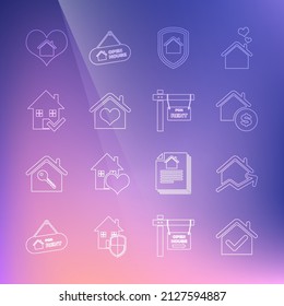 Set line House with check mark, Rising cost of housing, dollar, under protection, heart shape, and Hanging sign For Rent icon. Vector