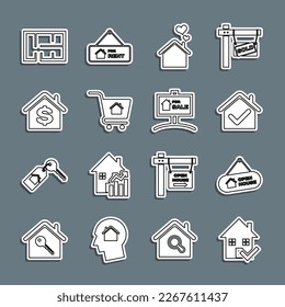 Fijar la línea Casa con marca de verificación, Bandera Colgante Casa abierta, forma de corazón, Carro de compras, dólar, plan e icono Para venta. Vector
