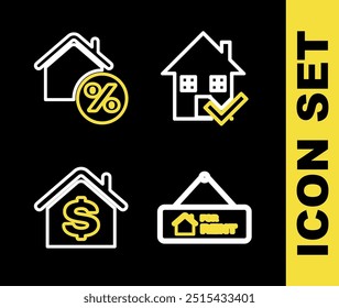 Set line House with check mark, Hanging sign For Rent, dollar and percant icon. Vector