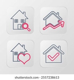 Set line House with check mark, heart shape, Rising cost of housing and Search house icon. Vector
