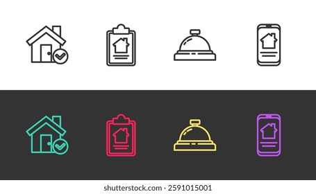 Set line House with check mark, contract, Hotel service bell and Online real estate house on black and white. Vector