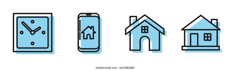 Set line House, Clock, Mobile phone with smart home and House icon. Vector