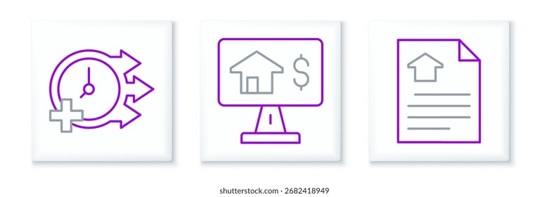 Definir linha Contrato de casa, Relógio e ícone imobiliário on-line. Vetor