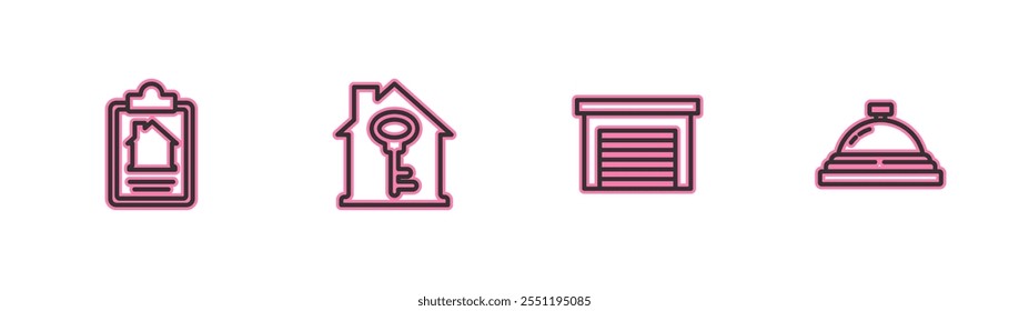 Set line House contract, Garage, with key and Hotel service bell icon. Vector