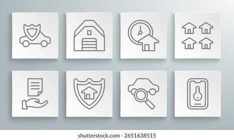 Set line Contrato de casa, Garaje, con escudo, Coches compartidos, Bienes raíces en línea, El tiempo es dinero, Real e icono. Vector