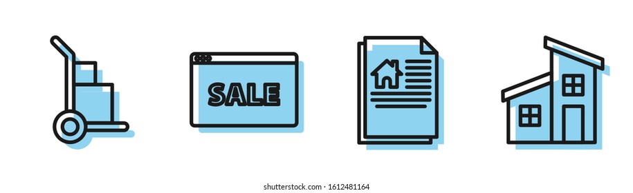 Set line House contract, Hand truck and boxes, Hanging sign with text Online Sale and House icon. Vector