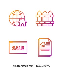 Set line House contract, Hanging sign with text Online Sale, Globe with house symbol and Garden fence wooden. Gradient color icons. Vector