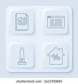 Set line House contract, Hanging sign with text Online Sale, Washington monument and House with percant discount tag. White square button. Vector