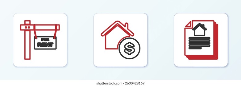 Set line House contract, Hanging sign with For Rent and dollar icon. Vector