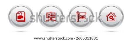 Set line House contract, Hanging sign with Open house, For Rent and Search. Silver circle button. Vector