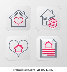 Set line House contract, with heart shape, dollar and  icon. Vector