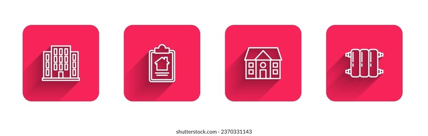 Set line House, contract,  and Heating radiator with long shadow. Red square button. Vector