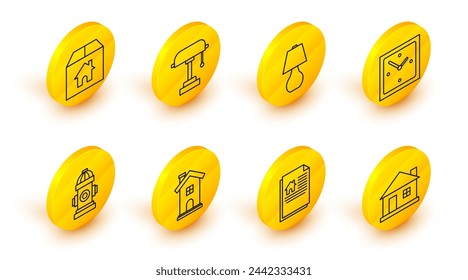 Set line Casa, contrato, símbolo de hogar, hidrante, reloj, lámpara de mesa y caja de cartón con icono de la casa. Vector