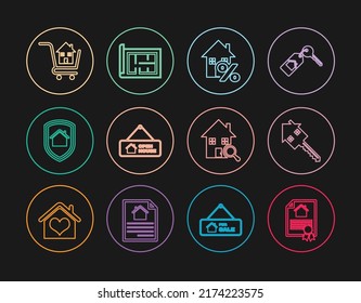 Fijar el contrato de la casa de línea, con la llave, percant, el signo colgante Abrir casa, bajo protección, carro de compras, búsqueda e icono del plan. Vector