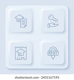 Set line House contract, key,  and Location. White square button. Vector