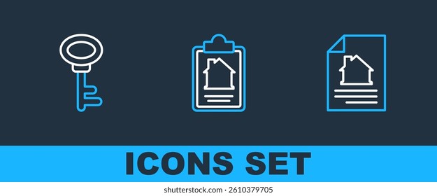 Set line House contract, key and  icon. Vector