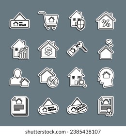 Fijar el contrato de la casa, el hombre soñando con comprar una casa, con forma cardíaca, bajo protección, dólar, aumento del costo de la vivienda, signo colgante para la venta e icono clave. Vector