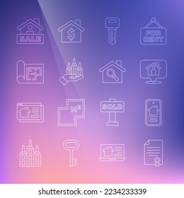 Set line House contract, Online real estate house, Location with, key, Skyscraper, plan, Hanging sign Sale and Search icon. Vector