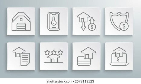 Set line House contract, Online real estate, Real, Credit card, with dollar, Shield and Garage icon. Vector