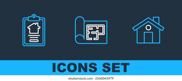 Set line House, contract and plan icon. Vector