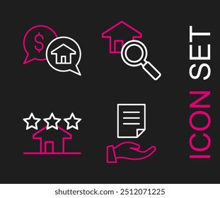 Set line Hausvertrag, Immobilien, Haus suchen und Preis Verhandlungs-Icon. Vektorgrafik