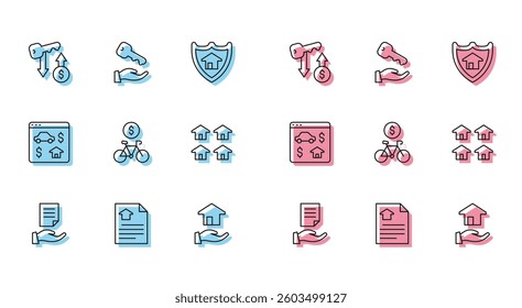 Set line House contract, Rent key, Realtor, Bicycle rental mobile app, estate, Online real and  icon. Vector