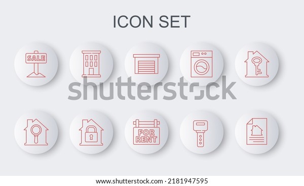 Set line\
House contract, Search house, Garage, key, Hanging sign with Sale,\
under protection and For Rent icon.\
Vector