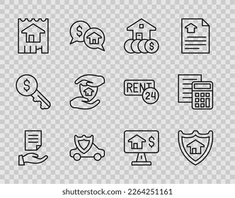 Set line House contract, with shield, dollar, Car, Online real estate and Calculator icon. Vector