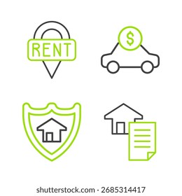Set line Contrato de casa, con escudo, alquiler de coches e icono de llave de Locación. Vector