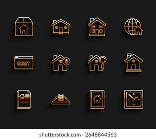 Set line House contract, Swimming pool with ladder, Cardboard box house, Tablet and smart home, Clock, dollar symbol,  and Search icon. Vector