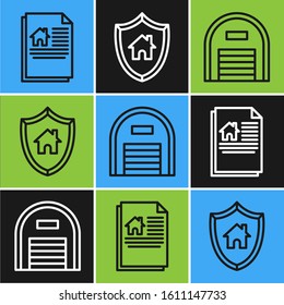 Set line House contract, Warehouse and House with shield icon. Vector