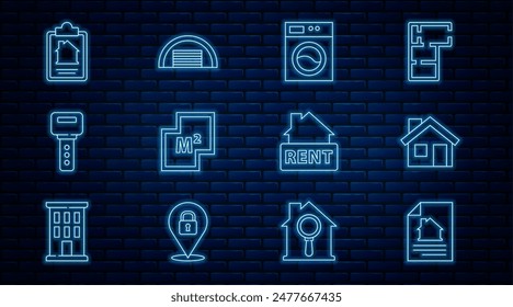 Set line House contract, Washer, plan, key, Hanging sign with Rent and Garage icon. Vector