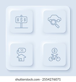 Set line House with dollar, Car sharing, percant and Bicycle rental mobile app. White square button. Vector