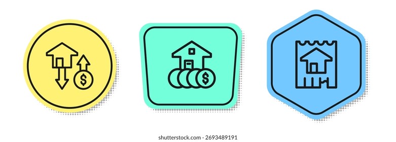Set line Casa con dólar, y . Formas de colores. Vector