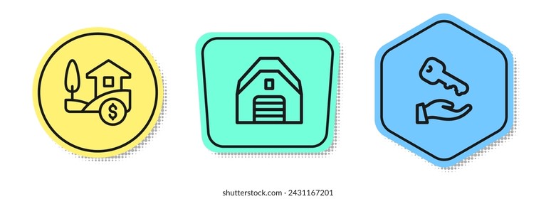 Set line Casa con dólar, garaje y llave. Formas coloreadas. Vector
