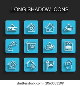 Set line House with dollar, Hanging sign For Rent, Sale, Man dreaming about buying house, contract and Sold icon. Vector