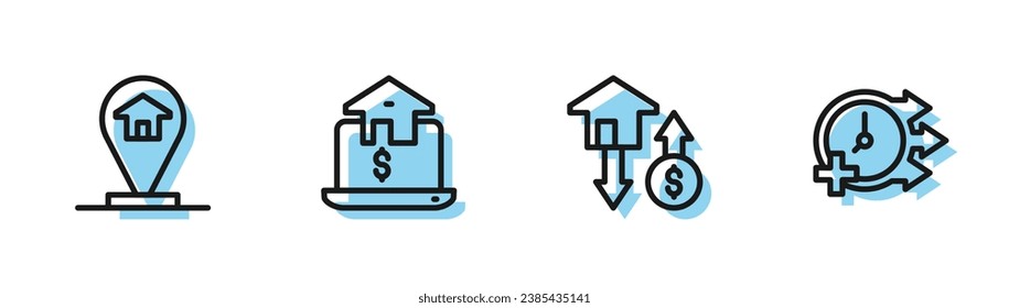 Fijar la línea Casa con el dólar, Casa de ubicación, Inmueble en línea e icono Reloj. Vector