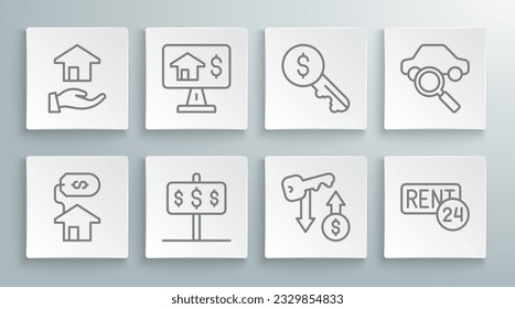 Set line House with dollar, Online real estate, Rent key, Car sharing and Realtor icon. Vector