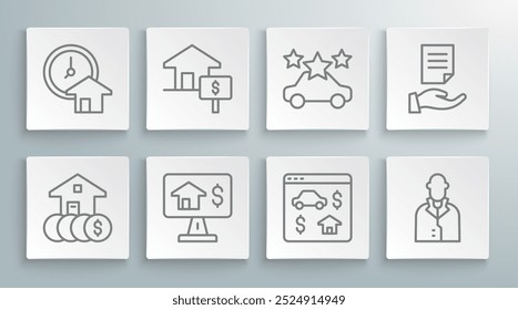 Set line House with dollar, Online real estate, Realtor, Car sharing, contract and Time is money icon. Vector
