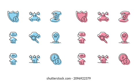 Set Line House With Dollar, Real Estate, Shield, Time Is Money, Car Sharing, Location House, Percant And  Icon. Vector