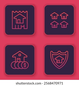 Set line House, with dollar, Real estate and shield. Blue square button. Vector