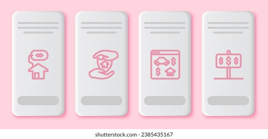 Set line House with dollar, shield, Online real estate and . White rectangle button. Vector