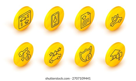 Set line Casa con dólar, escudo, coche compartido, llave de alquiler, escudo, contrato, bienes raíces en línea e icono. Vector
