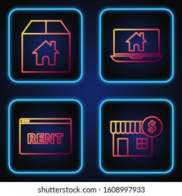 Set line House with dollar symbol, Hanging sign with text Online Rent, Cardboard box with house and Laptop and smart home. Gradient color icons. Vector