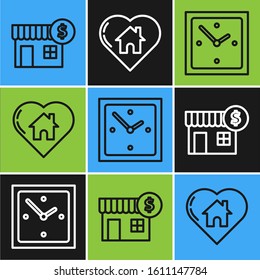 Set line House with dollar symbol, Clock and House with heart shape icon. Vector